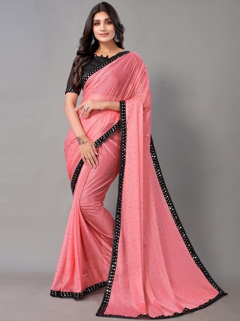 Peach plain satin saree with blouse - PF_The Fashion Trendz - 3848630