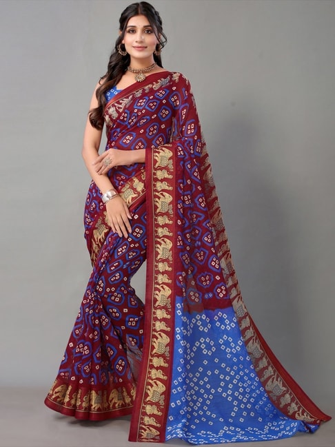 Satrani Maroon & Blue Bandhani Print Saree With Unstitched Blouse Price in India
