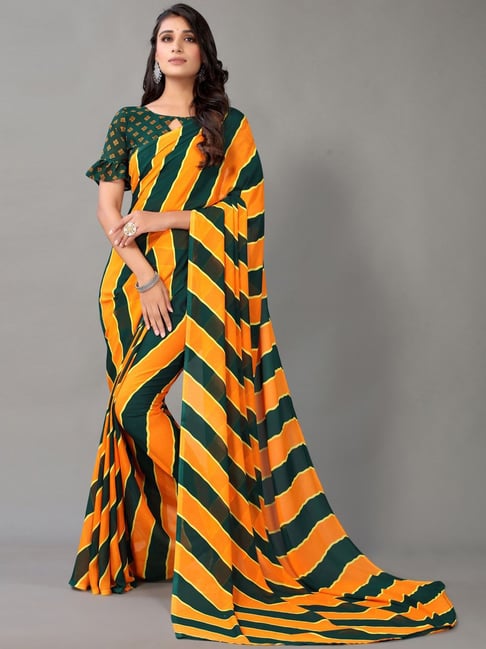 Satrani Yellow & Green Striped Saree With Unstitched Blouse Price in India
