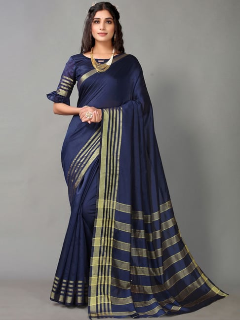 Satrani Navy Woven Saree With Unstitched Blouse Price in India