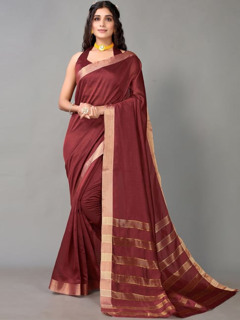 Satrani Maroon Woven Saree With Unstitched Blouse Price in India