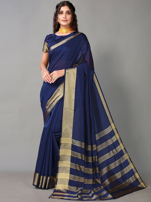 Satrani Navy Woven Saree With Unstitched Blouse Price in India