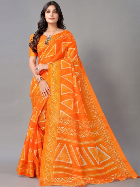 Satrani Orange Printed Saree With Unstitched Blouse Price in India