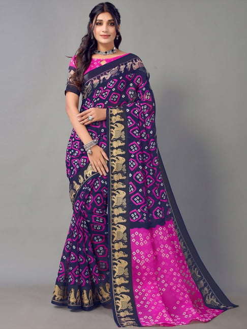 Satrani Navy & Pink Bandhani Print Saree With Unstitched Blouse Price in India