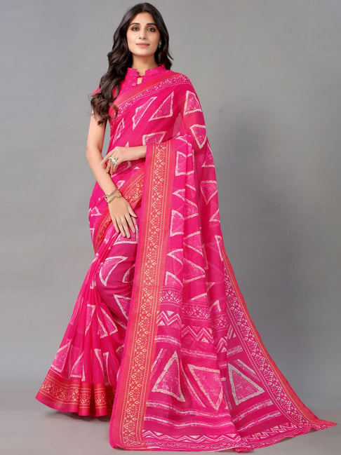 Satrani Pink Printed Saree With Unstitched Blouse Price in India