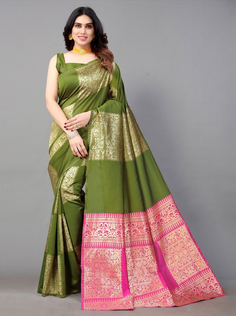 Satrani Green & Golden Woven Saree With Unstitched Blouse Price in India