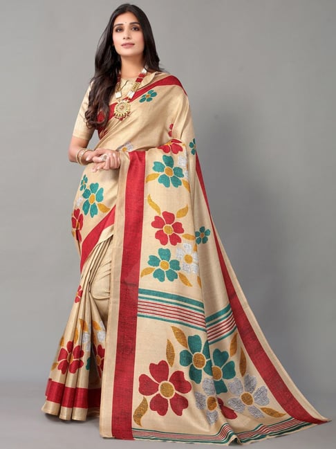 Satrani Beige Floral Print Saree With Unstitched Blouse Price in India