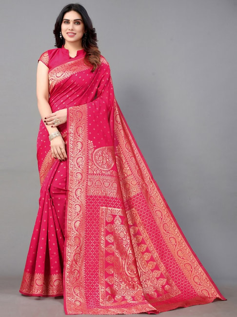 Satrani Pink Woven Saree With Unstitched Blouse Price in India