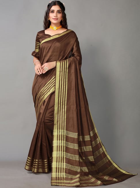 Satrani Brown Woven Saree With Unstitched Blouse Price in India