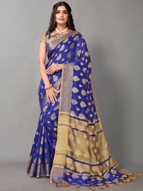 Satrani Blue Cotton Silk Woven Saree With Unstitched Blouse Price in India