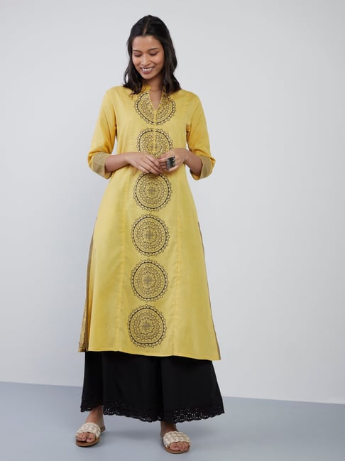 Utsa by Westside Mustard Ethnic Printed A-Line Kurta Price in India