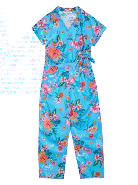 Budding Bees Kids Blue Floral Print Jumpsuit