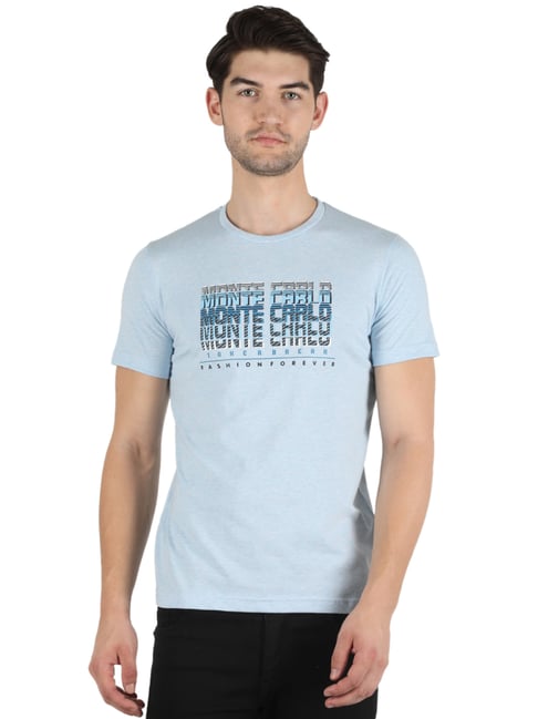 Monte Carlo Sky Blue Slim Fit Printed T-Shirts