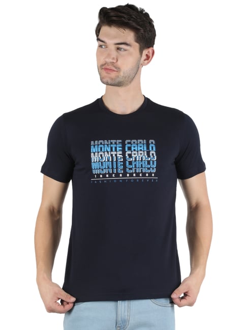 Monte Carlo Navy Slim Fit Printed T-Shirts