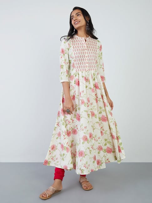 Utsa by Westside Off-White Floral Print Fit-and-Flare Kurta Price in India