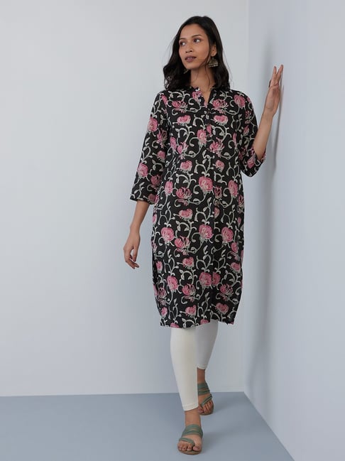 Utsa by Westside Black Floral Printed Straight Kurta Price in India