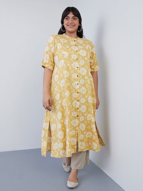 Diza Curves by Westside Light Mustard Printed A-line Kurta Price in India