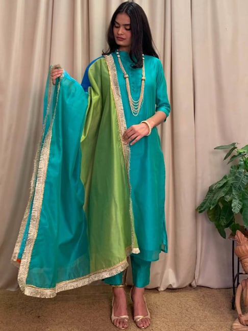 Desi Weavess Teal Green Kurta Pant Set With Dupatta Price in India