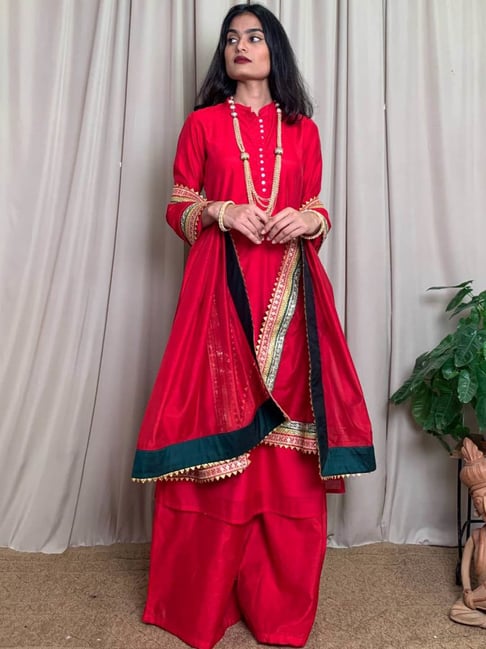 Desi Weavess Red Embellished Kurta Palazzo Set With Dupatta Price in India