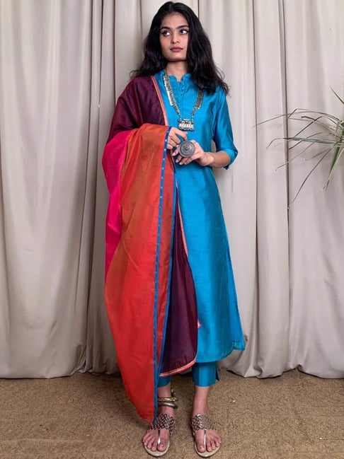 Desi Weavess Blue Kurta Pant Set With Dupatta Price in India