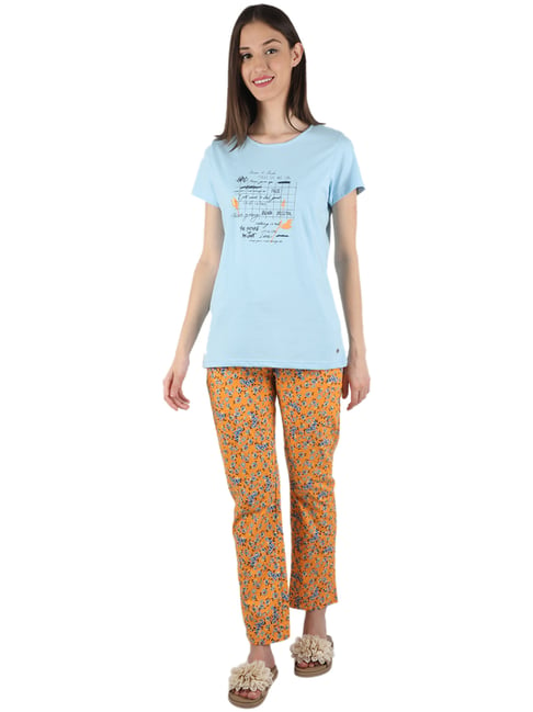 Monte Carlo Sky Blue & Yellow Printed T-Shirt Pyjama Set