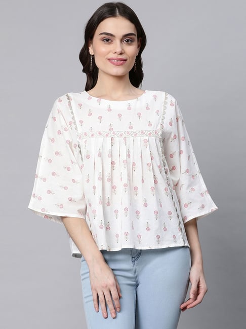 Ahalyaa Off-White Cotton Floral Printed Top Price in India