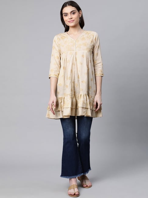 Ahalyaa Beige Cotton Floral Tunic Price in India
