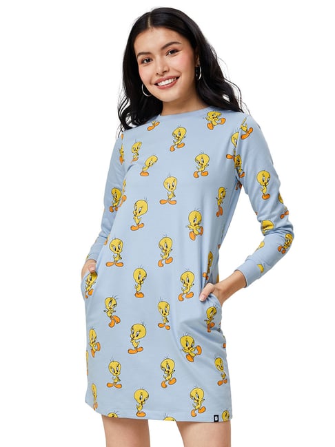 The Souled Store Blue Printed T-Shirt Dress Price in India