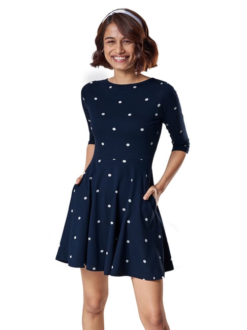 Navy polka fashion dot skater dress