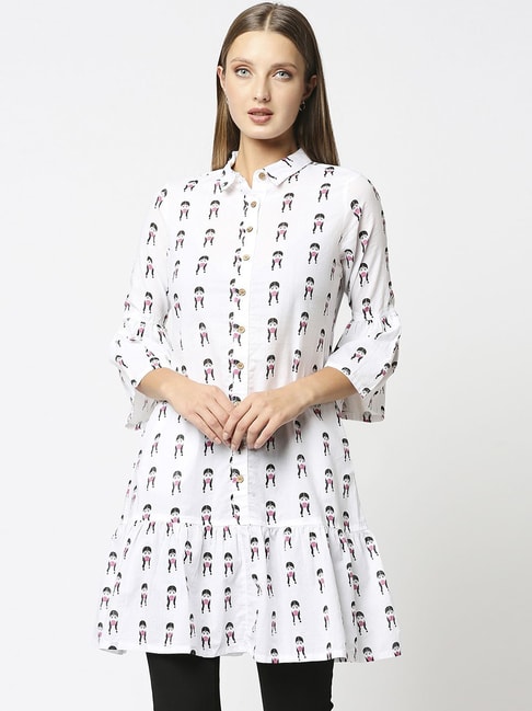 Bewakoof White Cotton Printed A-Line Dress Price in India