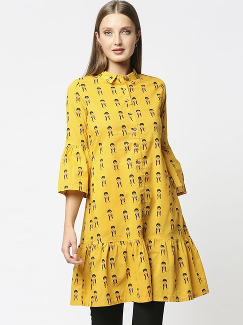 Bewakoof Yellow Cotton Printed A-Line Dress Price in India