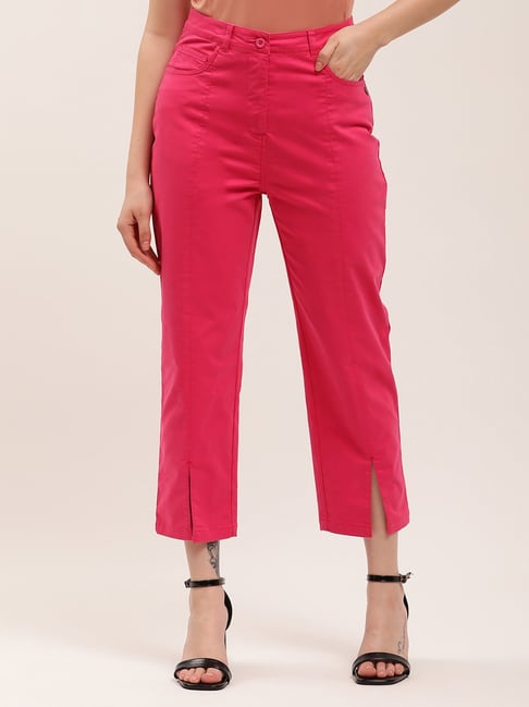 Red Linen Capri Trousers with White Contrast Stitching – Wings World