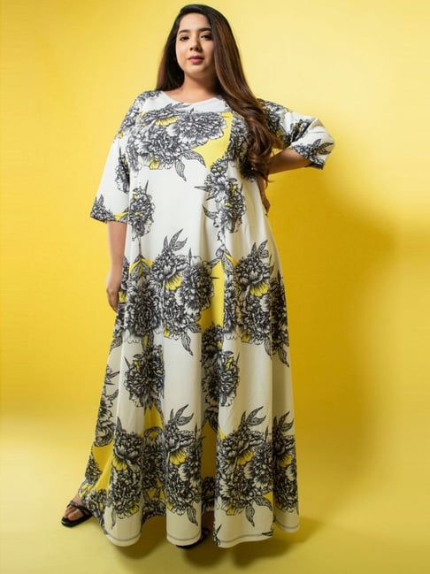amydus maxi dresses Plus Size Teal Mustard Ornate Printed Long Dress Online in India