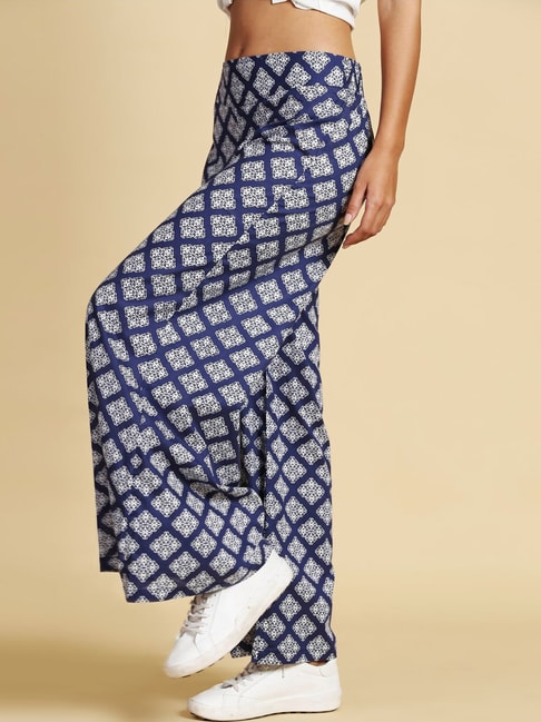Buy RANGMANCH BY PANTALOONS Blue  White Printed Palazzo Trousers online   Looksgudin