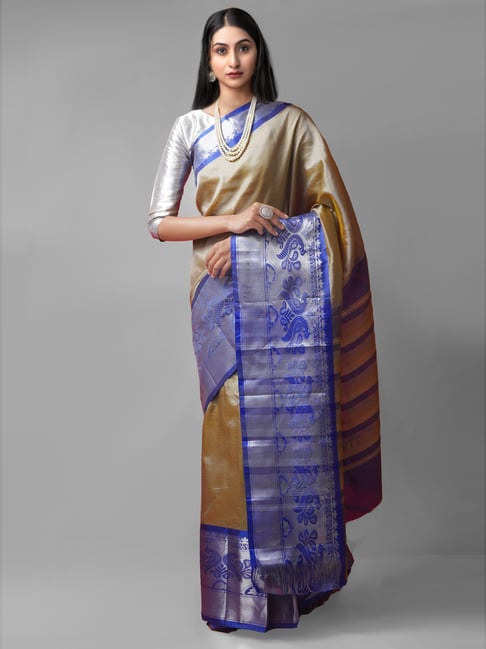 Unnati Silks Brown & Blue Silk Woven Saree With Unstitched Blouse Price in India