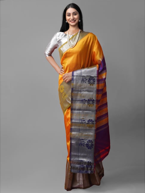 Unnati Silks Orange Silk Woven Saree With Unstitched Blouse Price in India