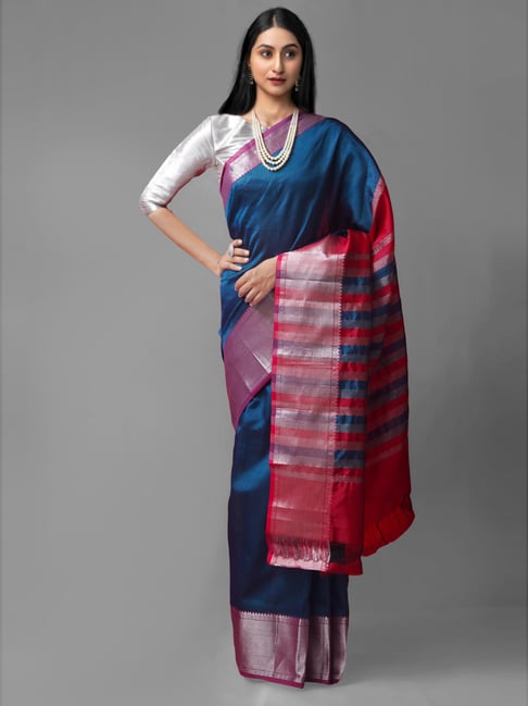 Unnati Silks Blue Silk Woven Saree With Unstitched Blouse Price in India