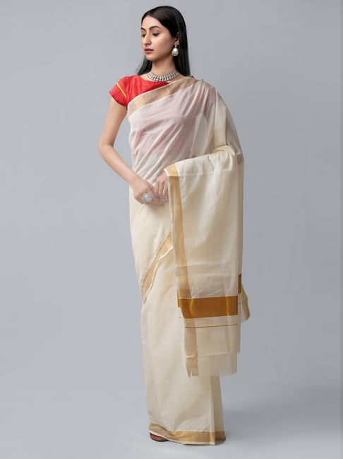 Unnati Silks Off-White Cotton Woven Saree With Unstitched Blouse Price in India