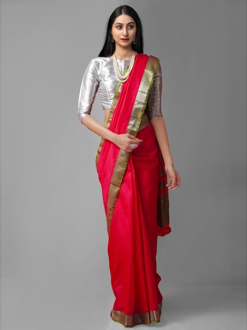 Unnati Silks Pink Silk Woven Saree With Unstitched Blouse Price in India