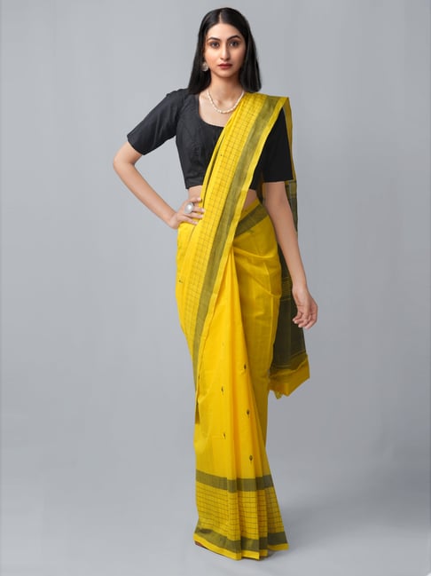 Unnati Silks Yellow Cotton Woven Saree With Unstitched Blouse Price in India