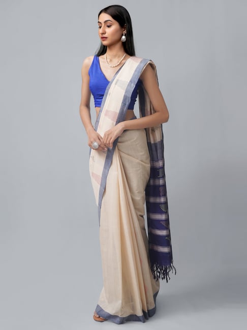 Unnati Silks Brown Cotton Woven Saree With Unstitched Blouse Price in India