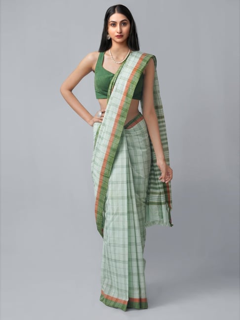 Unnati Silks Green Cotton Chequered Saree With Unstitched Blouse Price in India