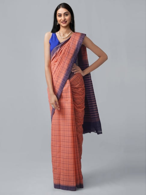 Unnati Silks Orange Cotton Chequered Saree With Unstitched Blouse Price in India
