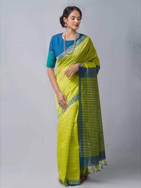 Unnati Silks Yellow Cotton Chequered Saree With Unstitched Blouse Price in India