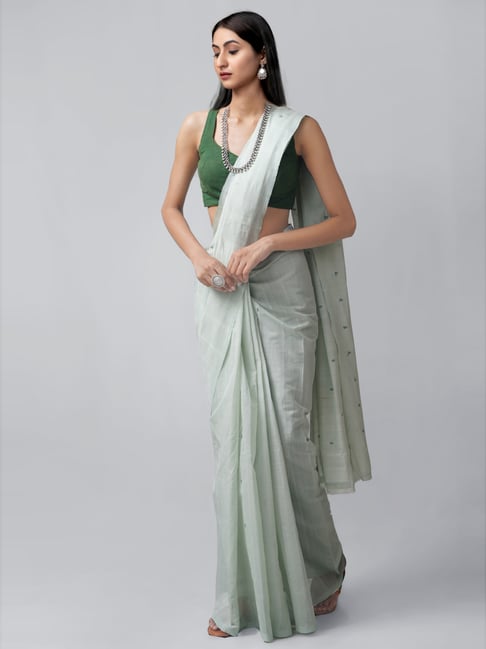 Unnati Silks Green Cotton Woven Saree With Unstitched Blouse Price in India
