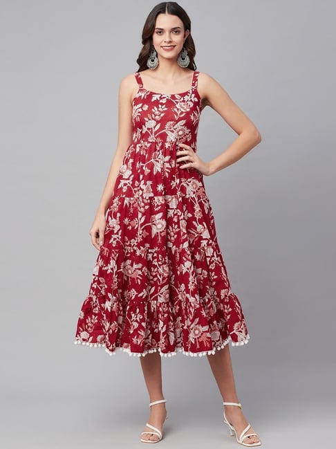 Brick Red Floral Pattern Midi Dress – Shopzters