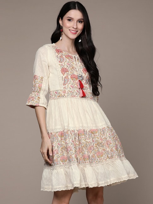 Ishin Cream Cotton Embroidered A-Line Dress Price in India
