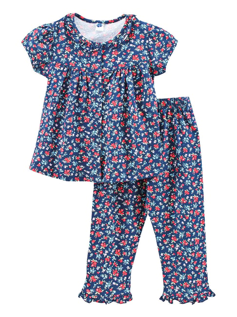 Teddy Kids Dark Blue Floral Print Top with Pyjamas