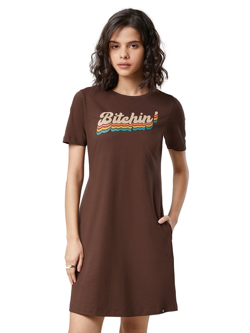 The Souled Store Brown Graphic Print T Shirt Dress Price in India
