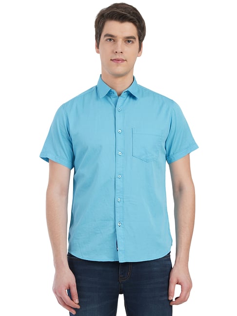 Greenfibre Blue Cotton Slim Fit Shirts